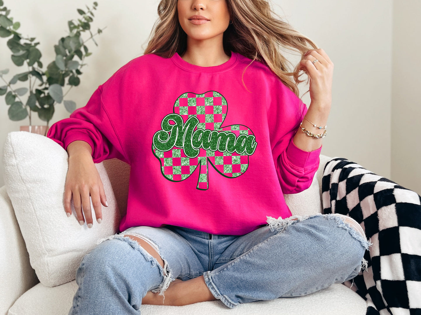 Checkered Glitter Mama Shamrock Sweatshirt