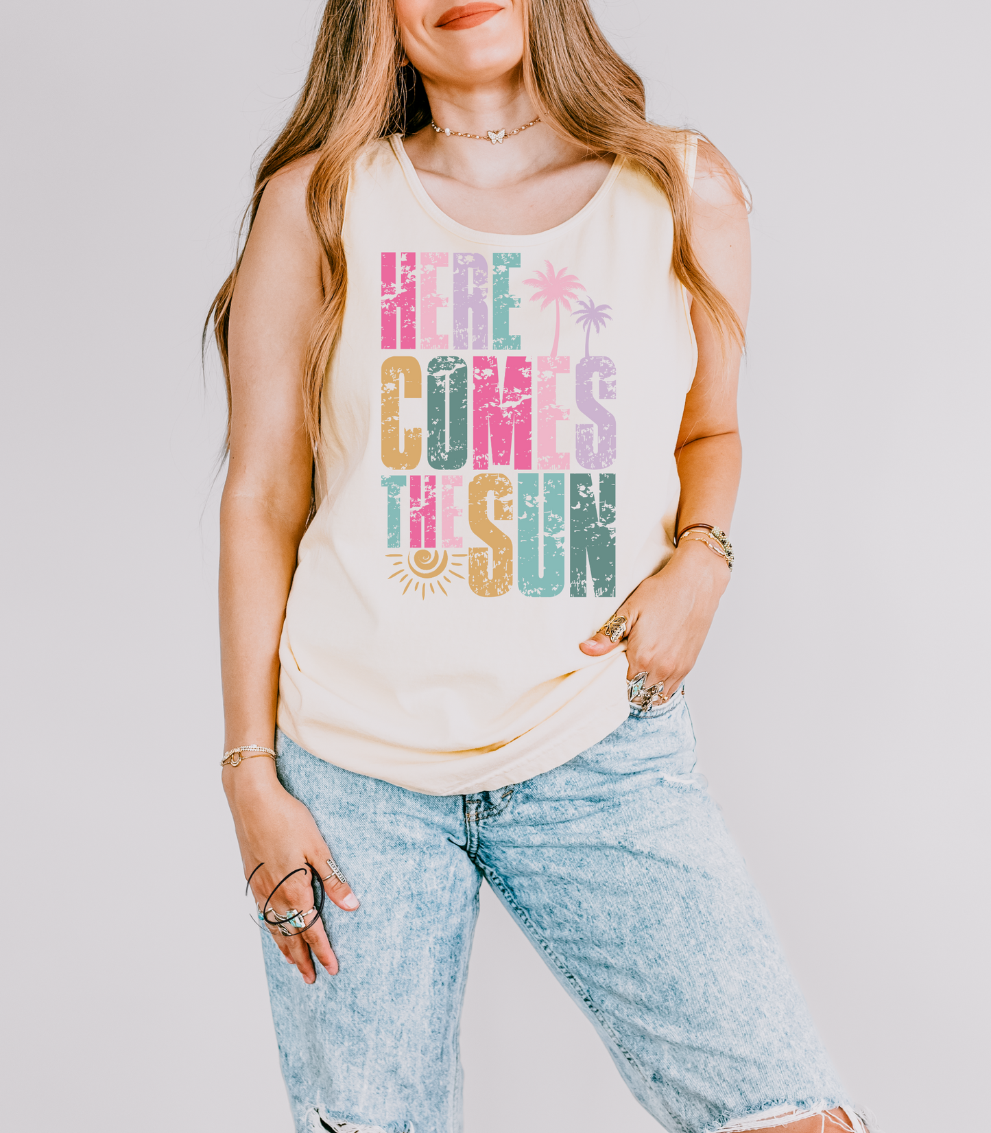 Distressed Here Comes The Sun Graphic Tank Top
