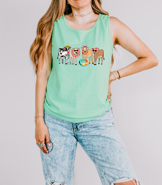 Pool Party Summer Cows Graphic Tank Top