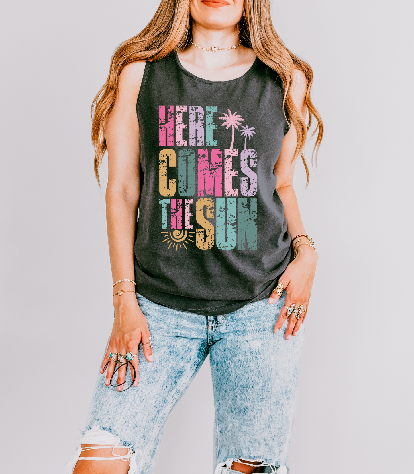 Distressed Here Comes The Sun Graphic Tank Top