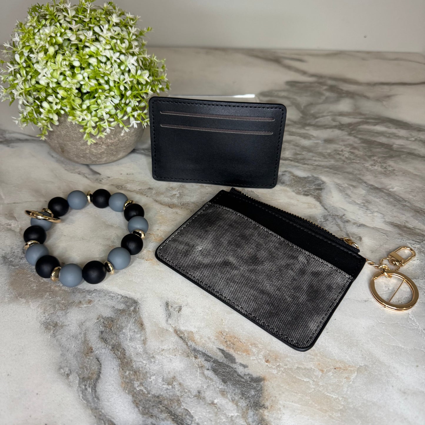 Denim Suede Bracelet Keychain & Card Holder Wallet