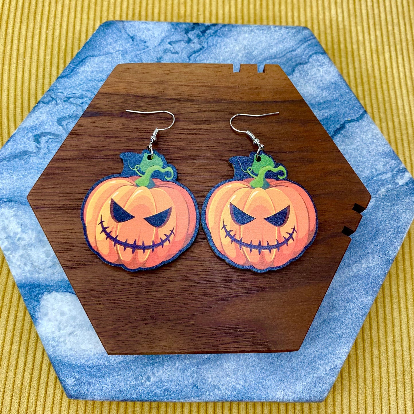 Wooden Dangle Earrings - Pumpkin Face Halloween