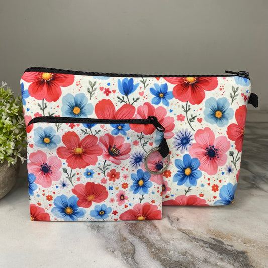 Pouch & Mini Pouch Bundled Set - Floral Red Blue