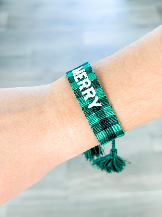 "Merry" Green Buffalo Plaid Woven Bracelet