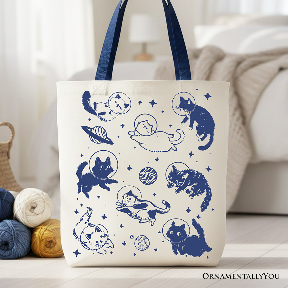 Cats in Space Retro Canvas Tote Bag, Funny Astronaut Kitty Gift Bag with Cosmic Vibes