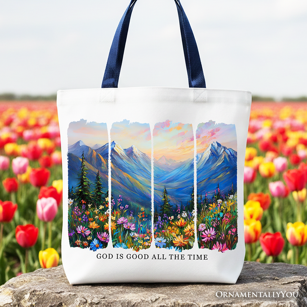God Is Good All the Time Mountain Christian Canvas Tote Bag, Wildflower Brushstroke Bible Verse Faith Gift Shopper