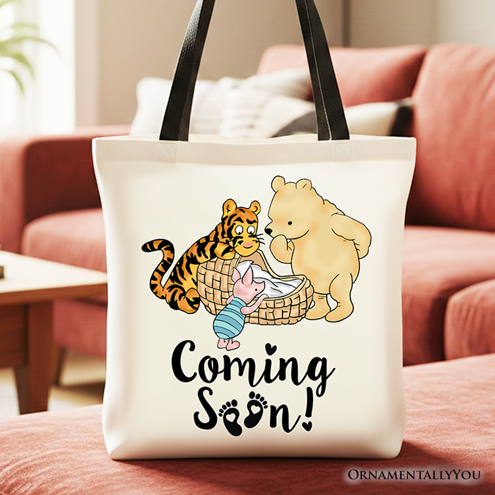 Pregnancy Announcement With Pooh & Tiger Tote Bag, Coming Soon Gift Shopper for Expecting Moms