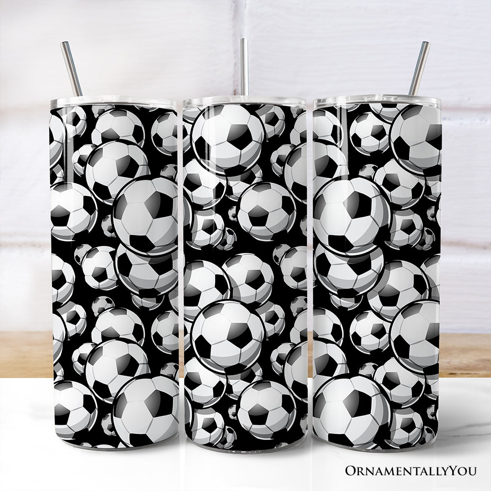 Black and White Soccer Ball 20oz Personalized Tumbler With Lid and Stainless Steel Straw, Football Sports Print Gift Cup