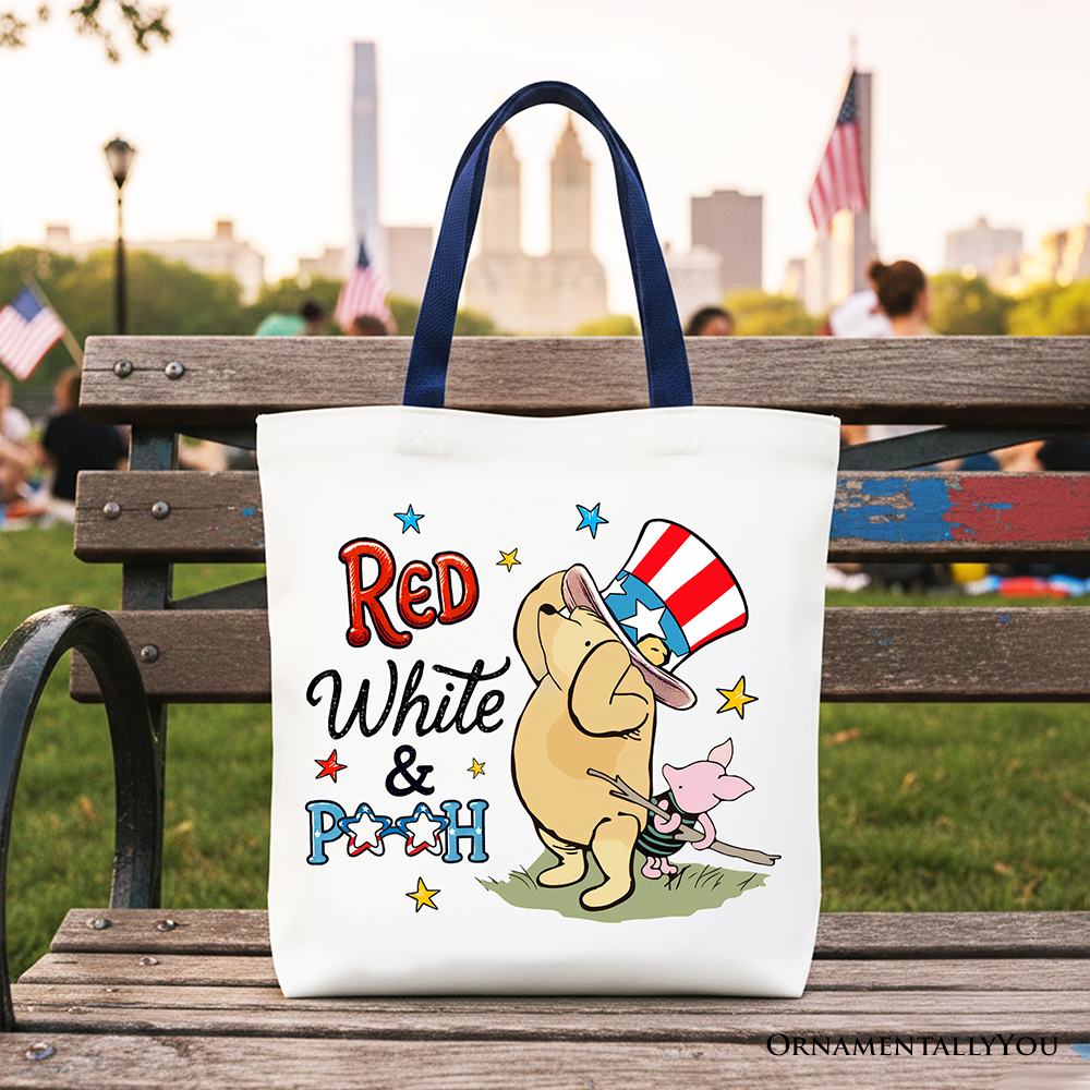 Red White & Proud Tote Bag, Patriotic 4th of July Celebration Pooh Bear Gift Shopper