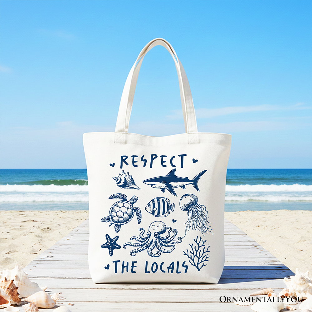 Respect the Locals Ocean Animals Canvas Tote Bag, Cute Vacation Gift Shopper