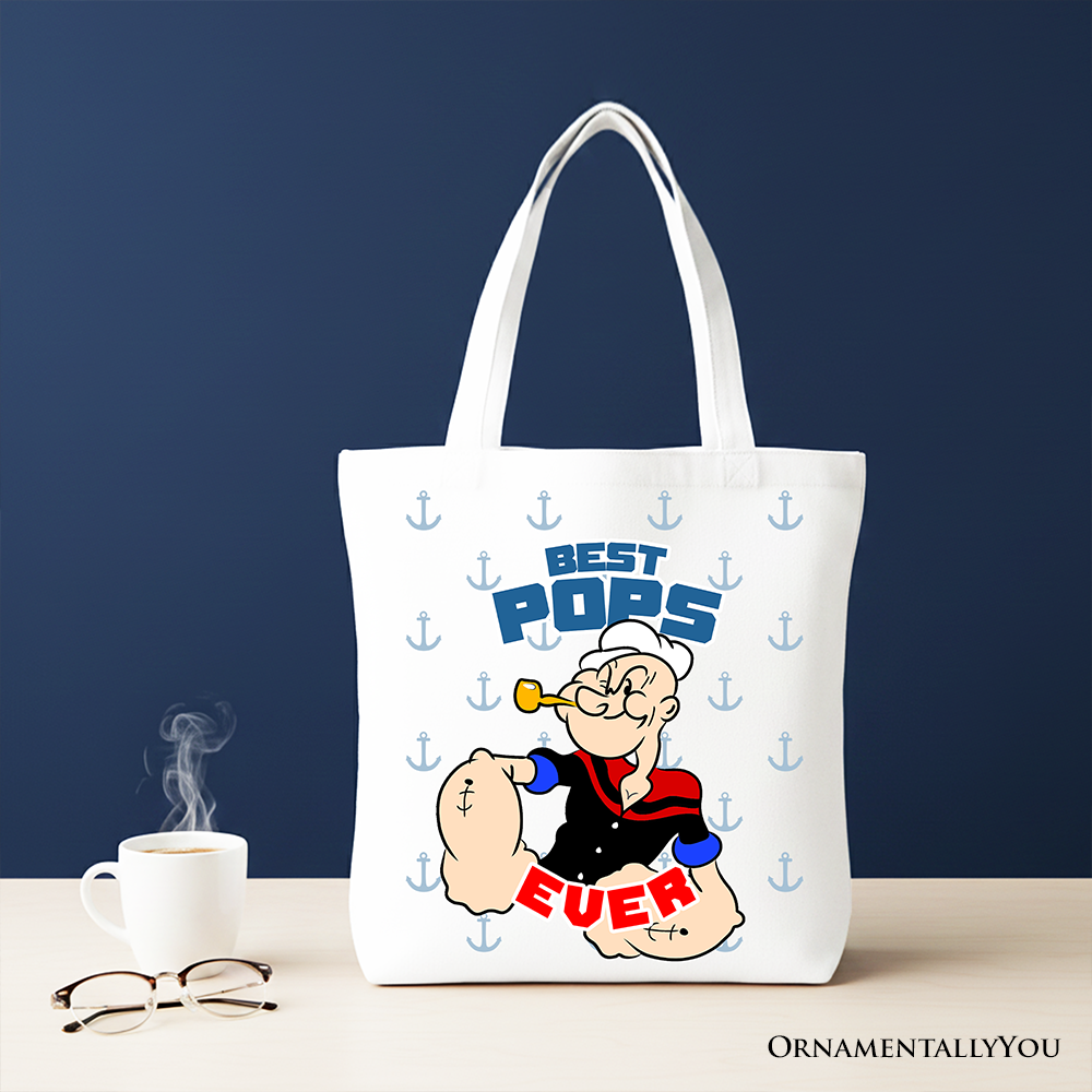 Best Pops Ever Canvas Tote Bag, Classic Popeye the Sailorman Dad Gift Bag for Fun and Strong Dads