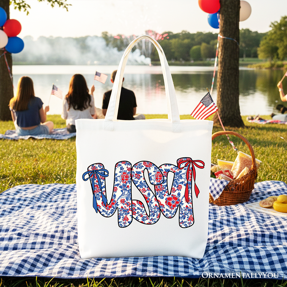 Floral USA Patriotic Canvas Tote Bag, 4th of July Gift Shopper for Stylish Women