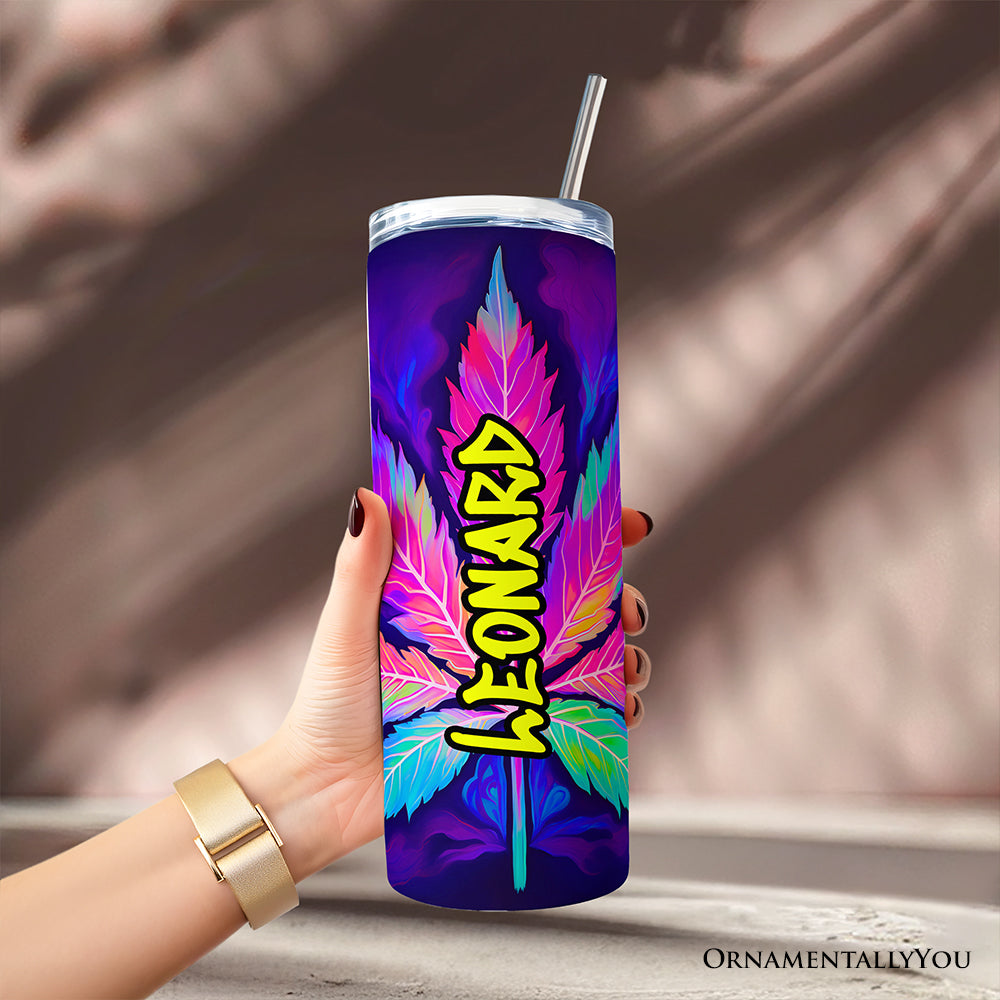 Neon Cannabis Leaf 20oz Personalized Tumbler With Lid and Stainless Steel Straw, Psychedelic Weed Aesthetic Gift Cup