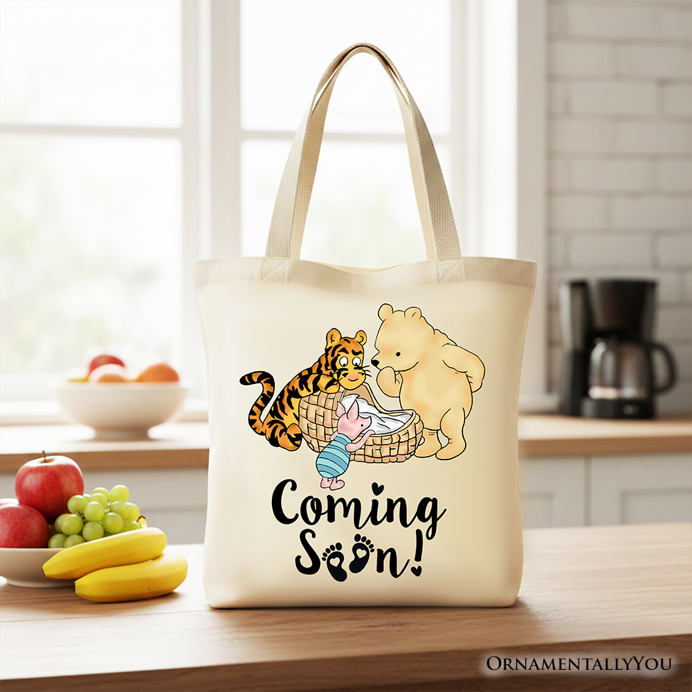 Pregnancy Announcement With Pooh & Tiger Tote Bag, Coming Soon Gift Shopper for Expecting Moms