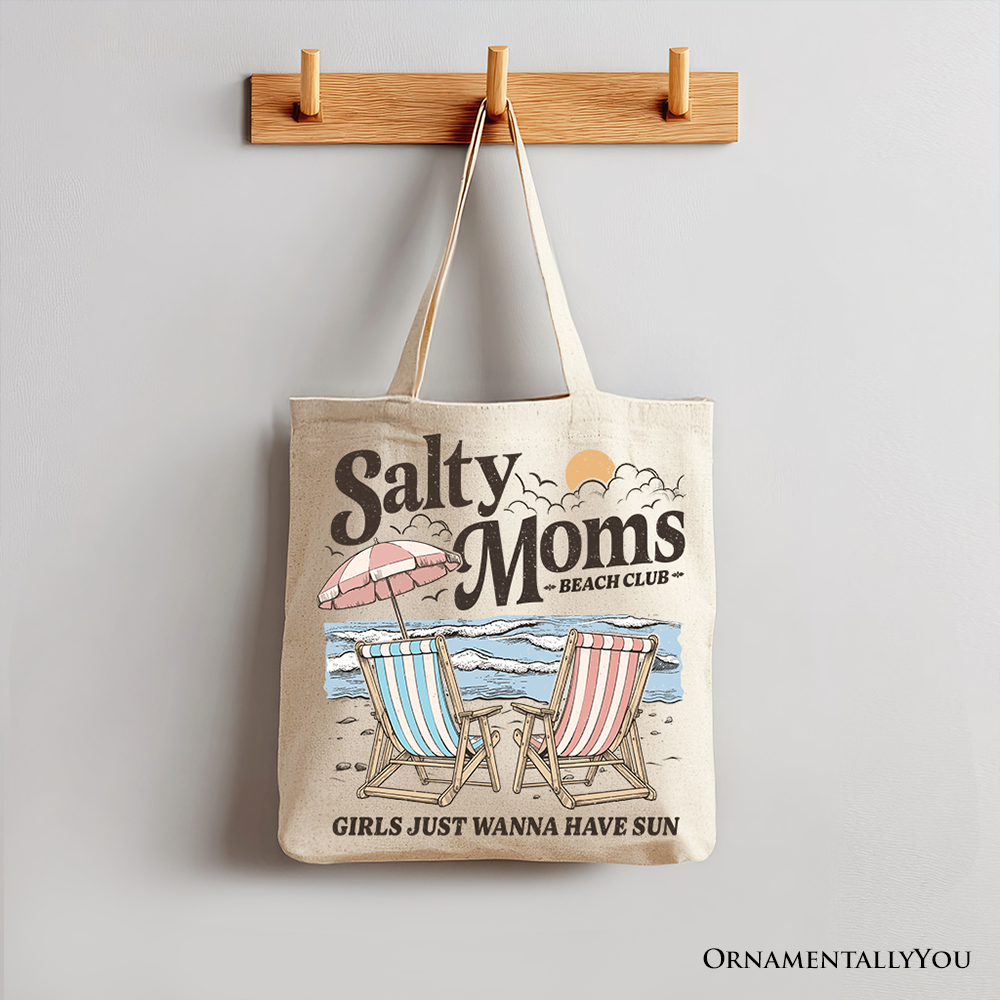 Salty Moms Beach Club Canvas Tote Bag, Retro Summer Gift for Ocean Loving Mothers