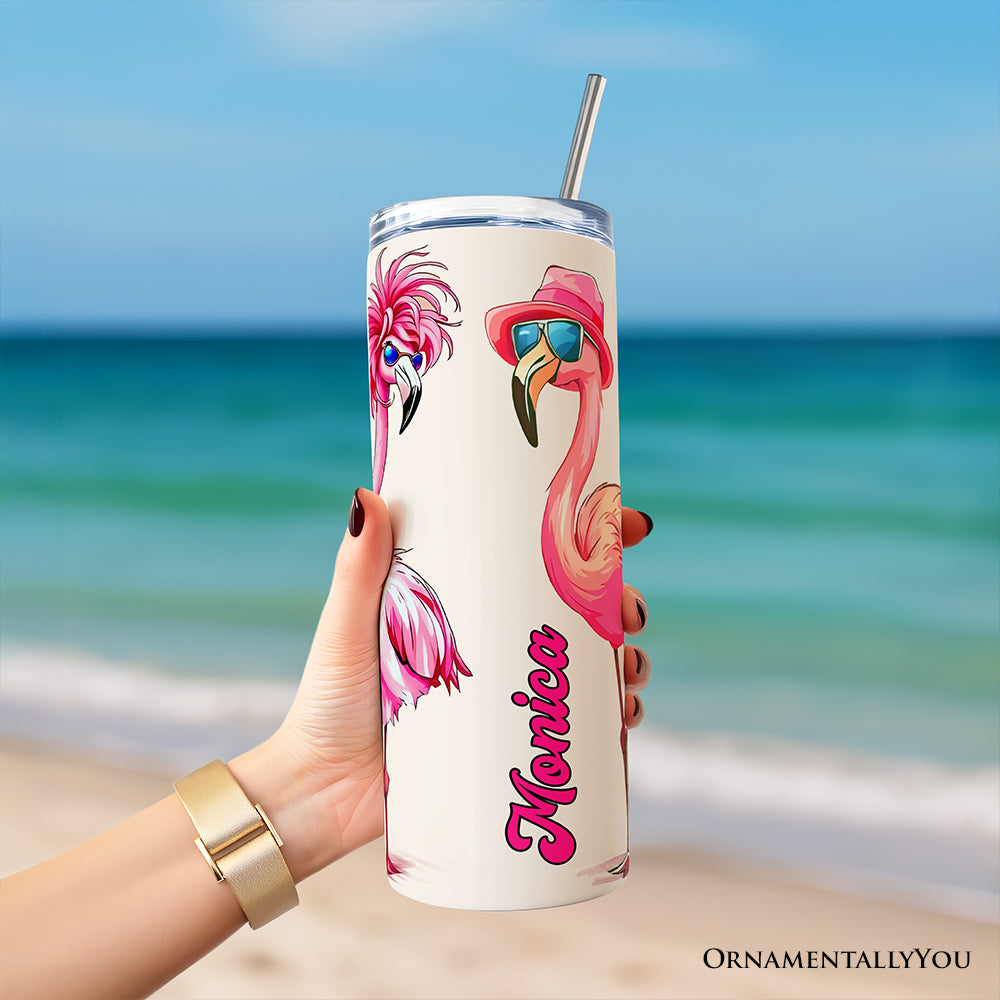 Stylish Summer Flamingo 20oz Personalized Tumbler With Lid and Stainless Steel Straw, Retro Tropical Birds Gift Cup