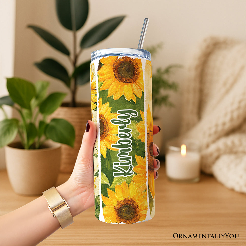 Sunflowers Season 20oz Personalized Tumbler With Lid and Stainless Steel Straw, Brushstrokes Vacation Beach Gift Cup