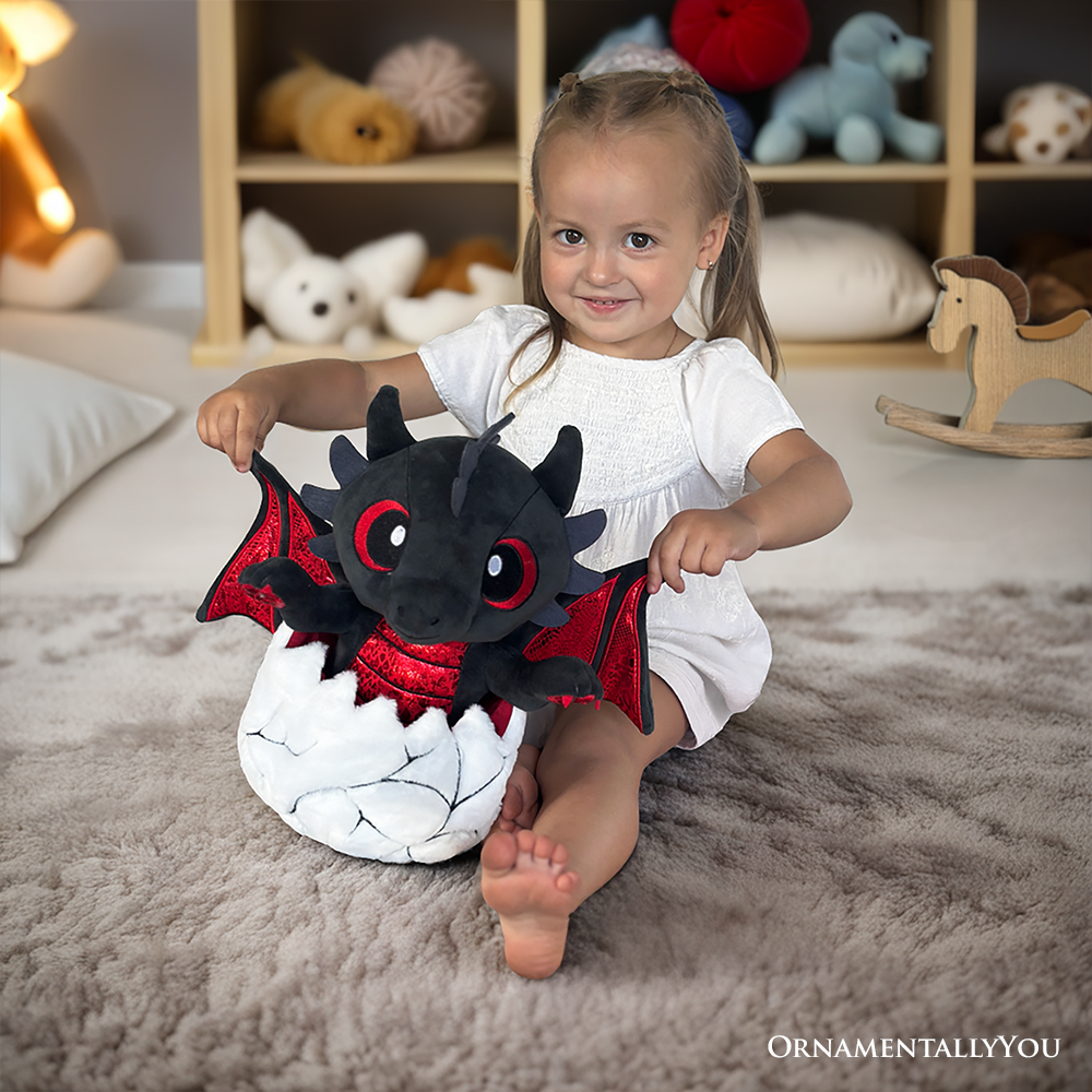 Drogo the Dino in an Egg Plushie, 12" Black and Red Dinosaur Stuffed Animal Gift for Boys and Teens