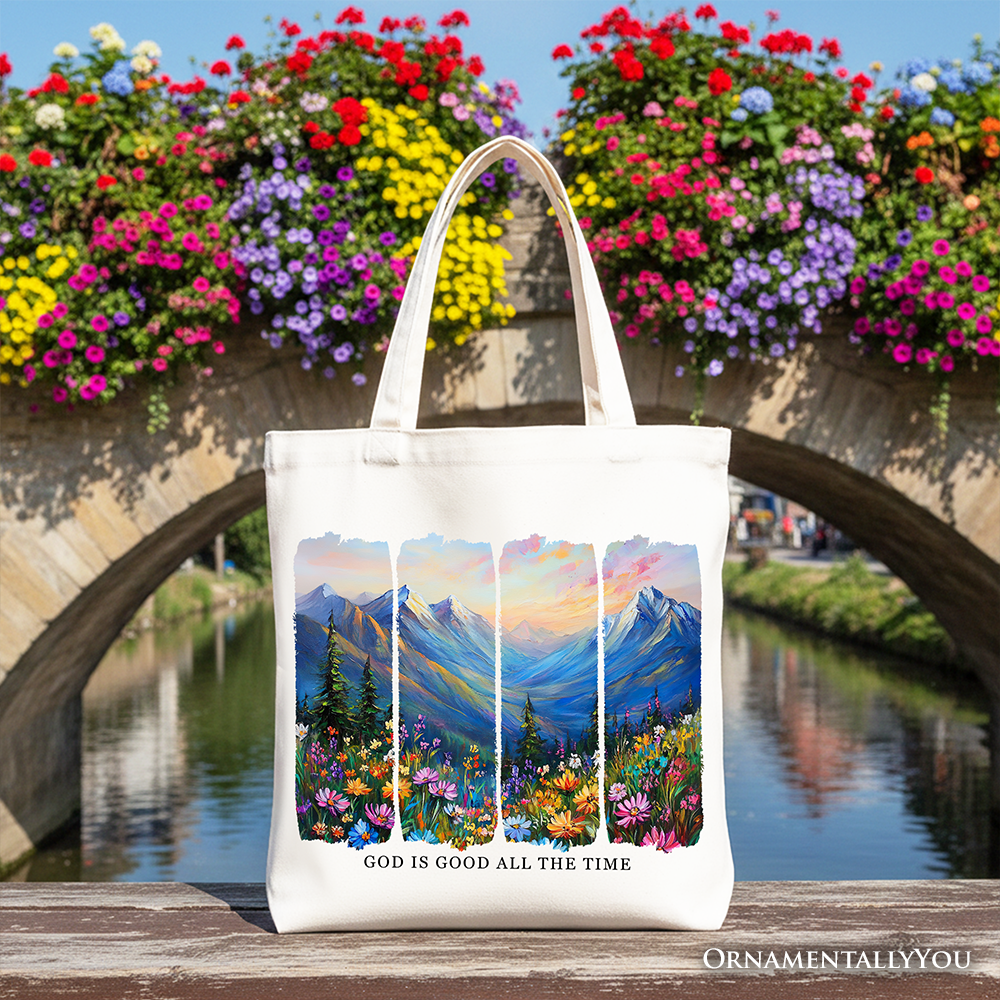 God Is Good All the Time Mountain Christian Canvas Tote Bag, Wildflower Brushstroke Bible Verse Faith Gift Shopper