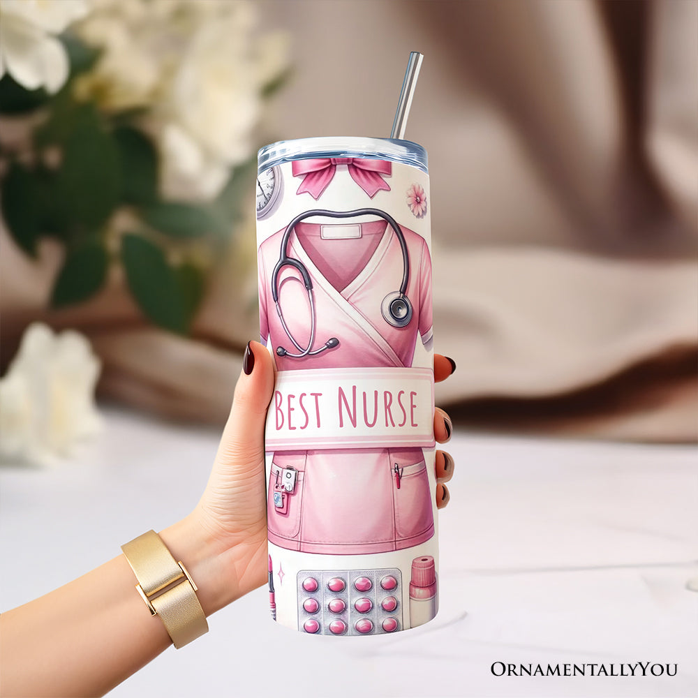 Pink Nurse Life 20oz Personalized Tumbler With Lid and Stainless Steel Straw, Medical Worker Appreciation Gift Cup
