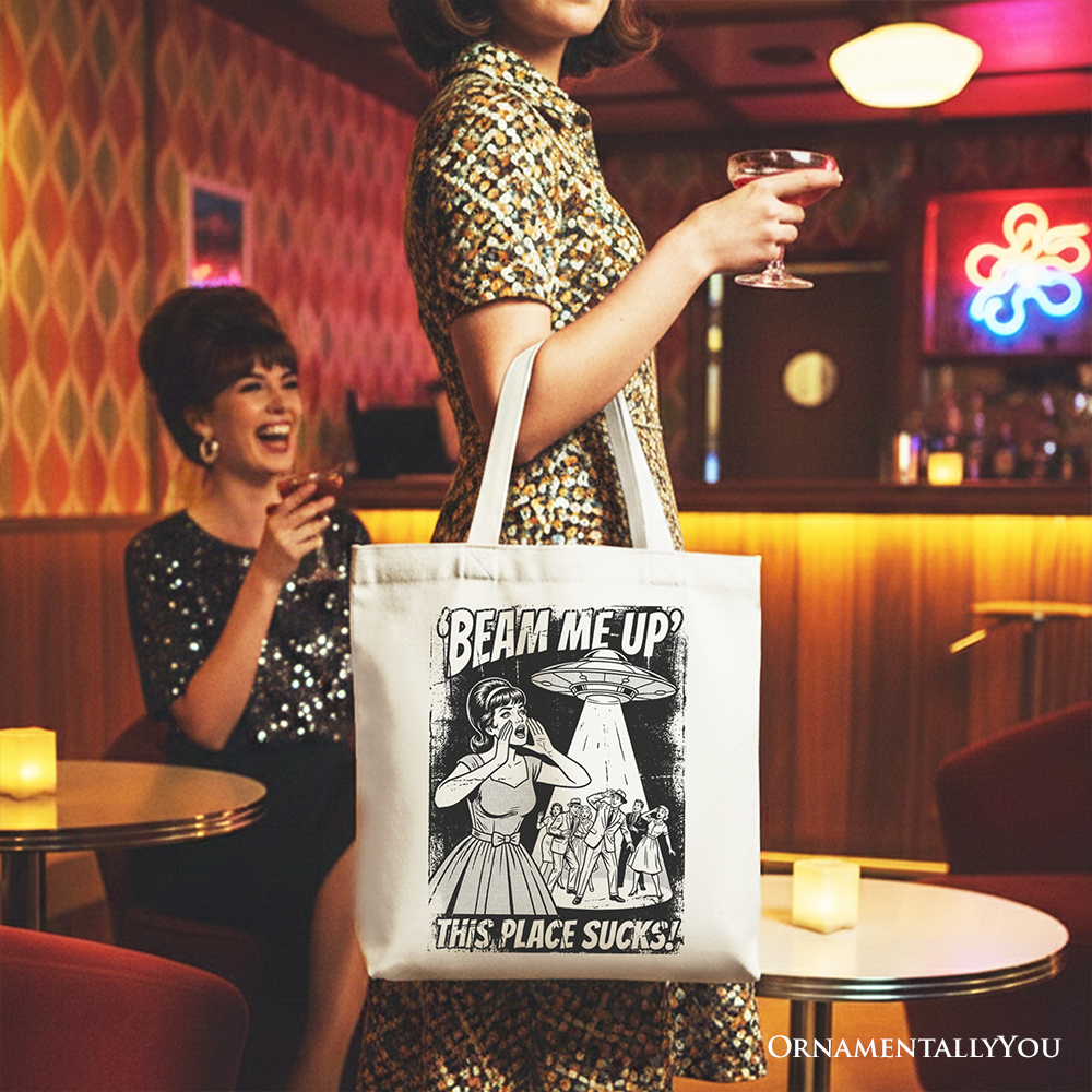 UFO Meme Beam Me Up This Place Sucks Canvas Tote Bag, Cynical Woman Alien Abduction Retro Comic Gift Shopper