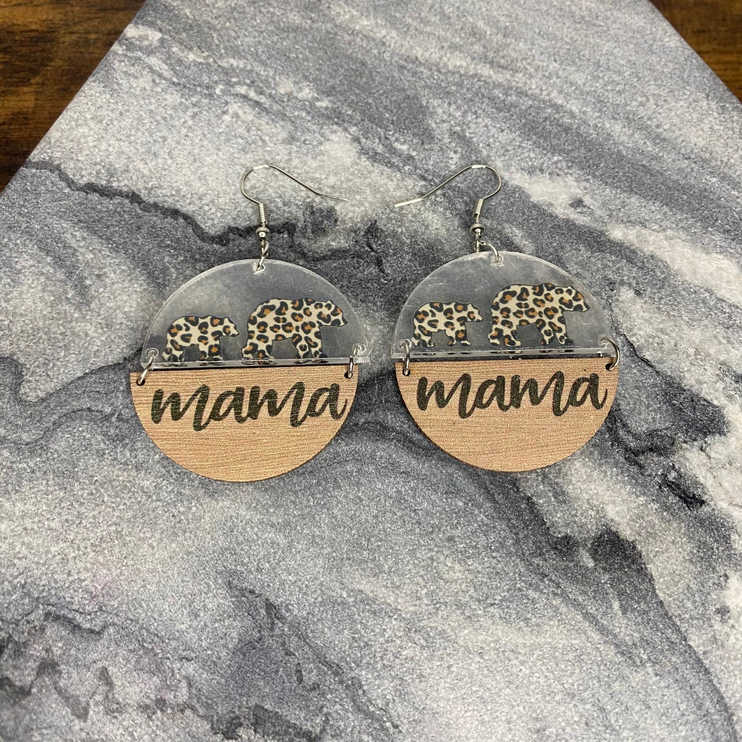 Wood & Acrylic Earrings - Half & Half - Mama Bear Animal Print