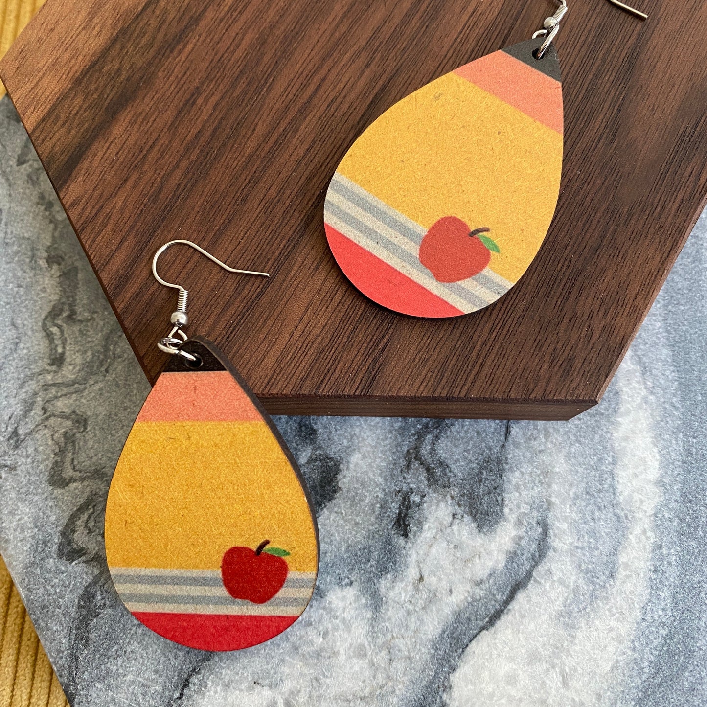 Wooden Teardrop Earrings - Pencil Teacher