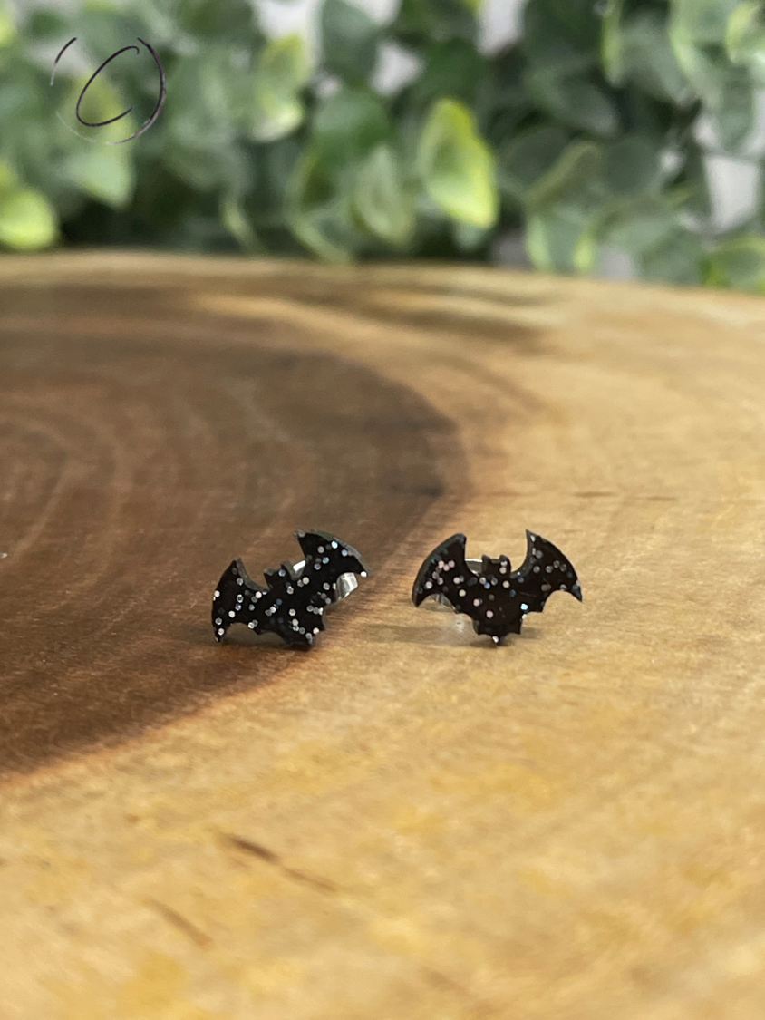 Bat Black Glitter Stud Earrings