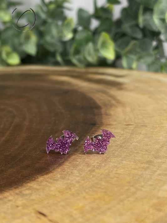 Bat Purple Glitter Stud Earrings