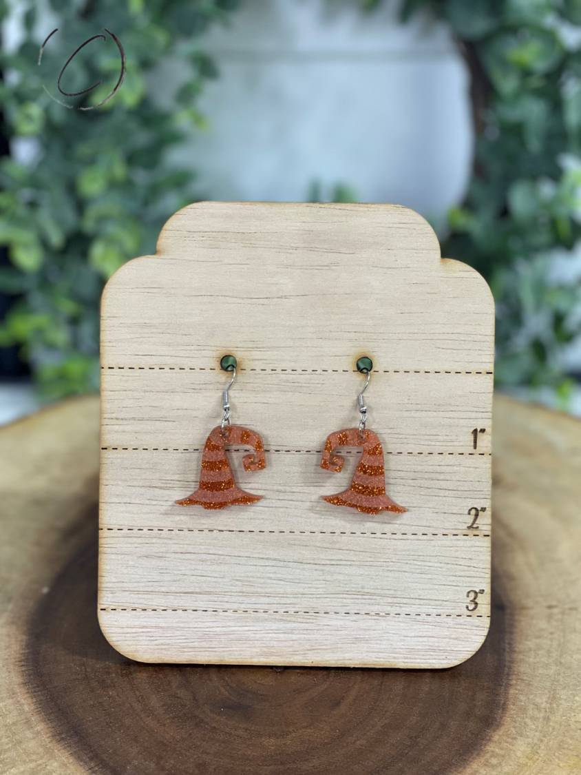 Witches Hat Orange Glitter Dangle Earrings