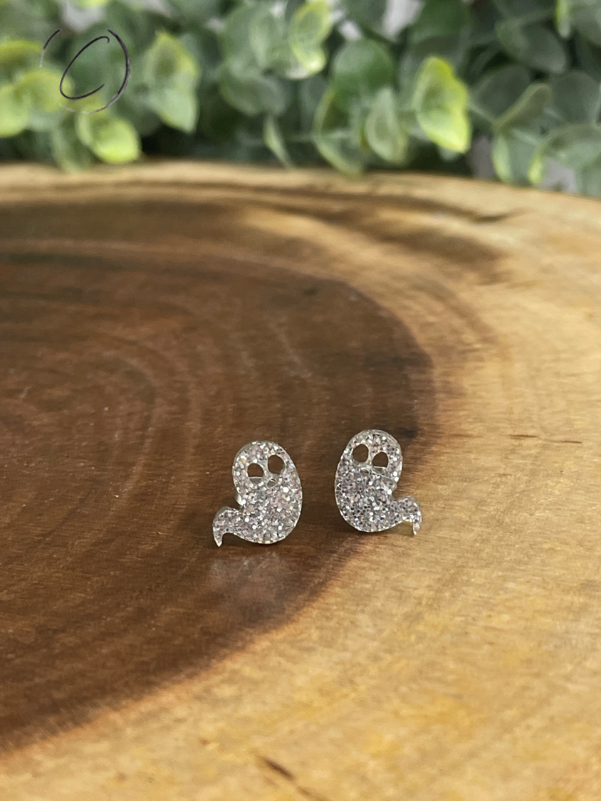 Ghost Silver Glitter Stud Earrings