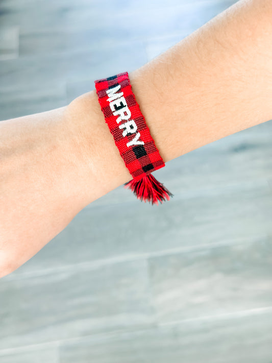 "Merry" Red Buffalo Plaid Woven Bracelet