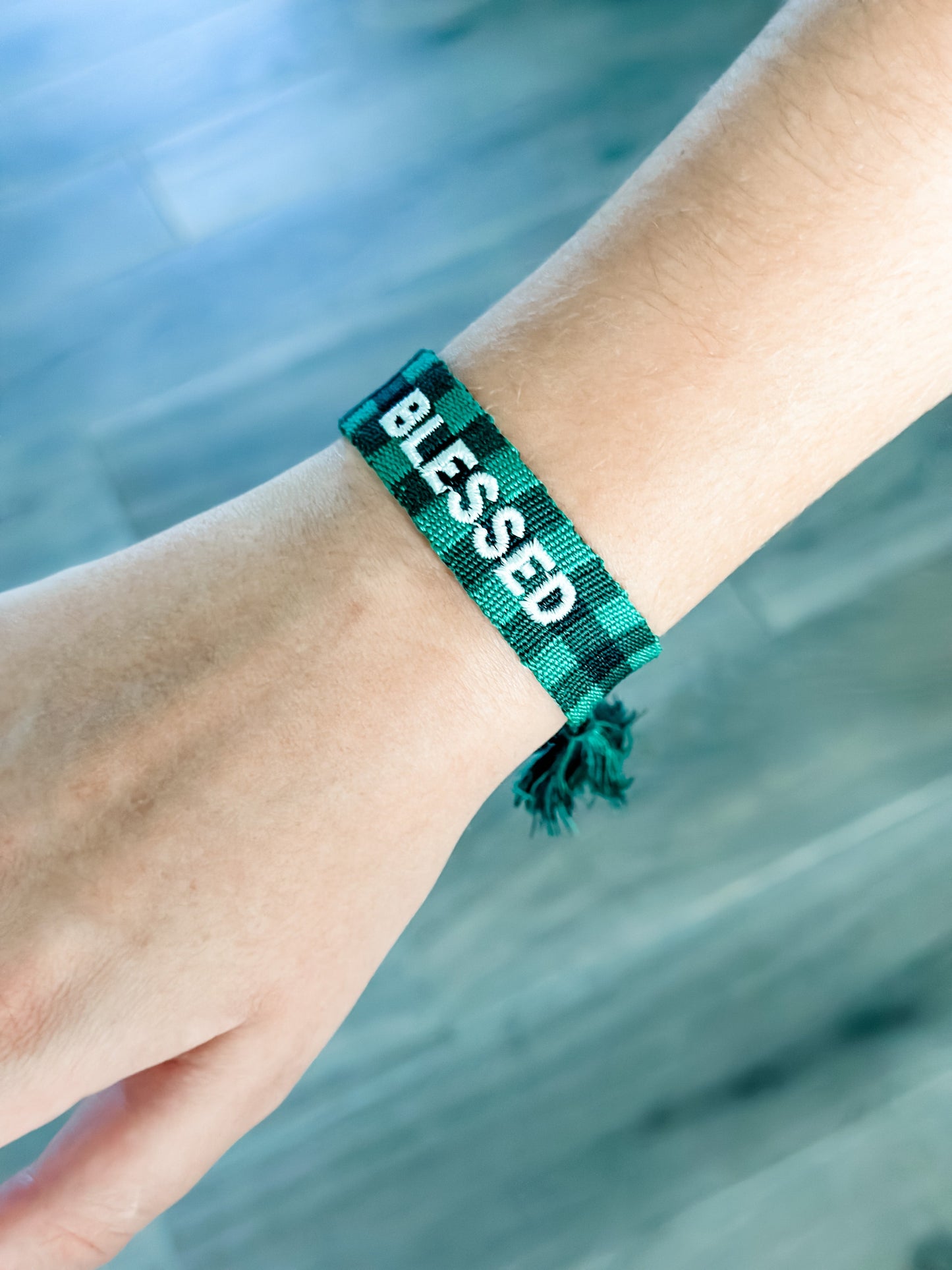 "Blessed" Green Buffalo Plaid Woven Bracelet