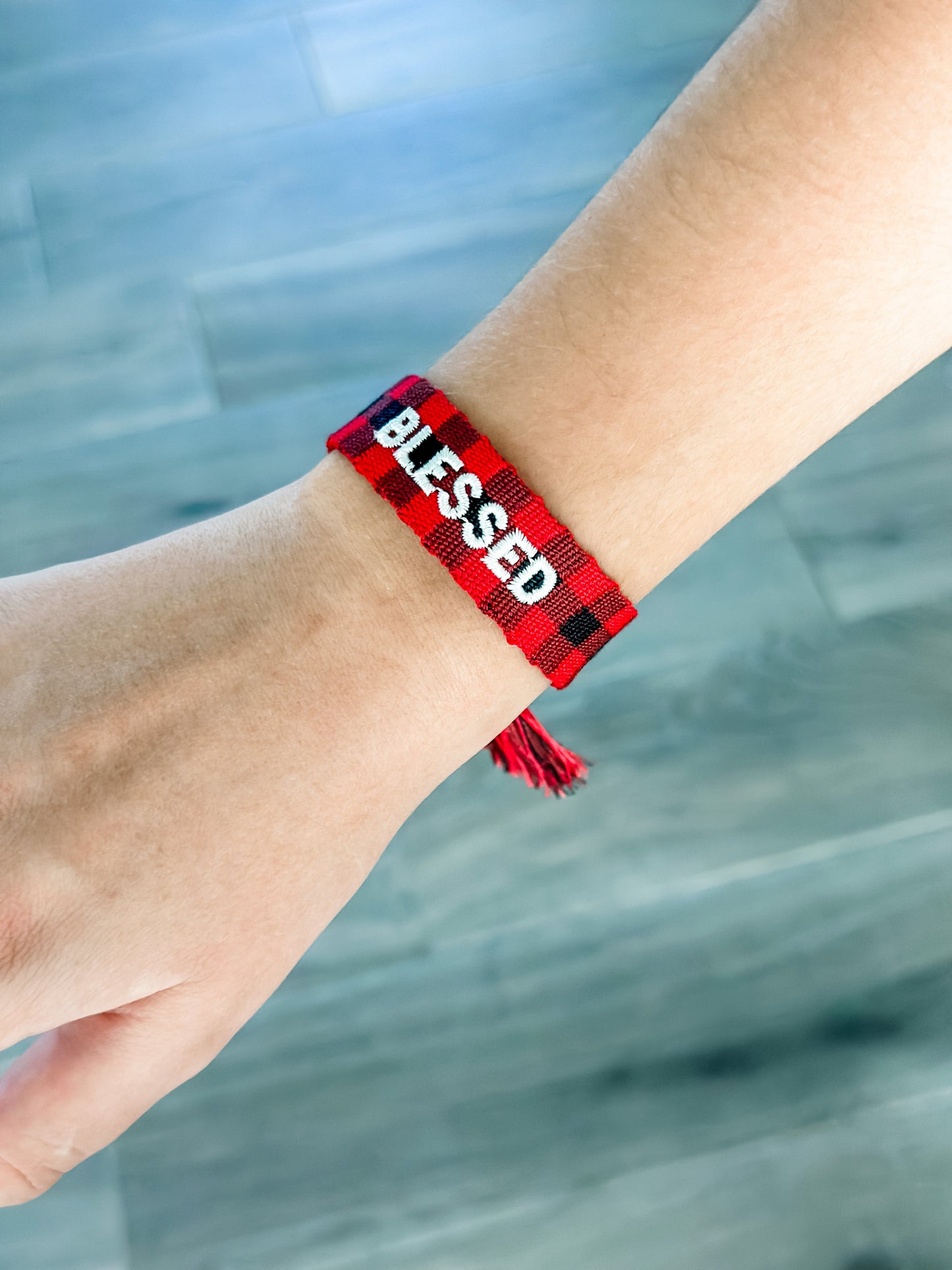 "Blessed" Red Buffalo Plaid Woven Bracelet