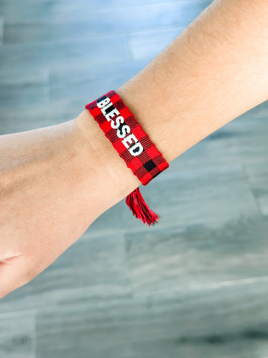 "Blessed" Red Buffalo Plaid Woven Bracelet
