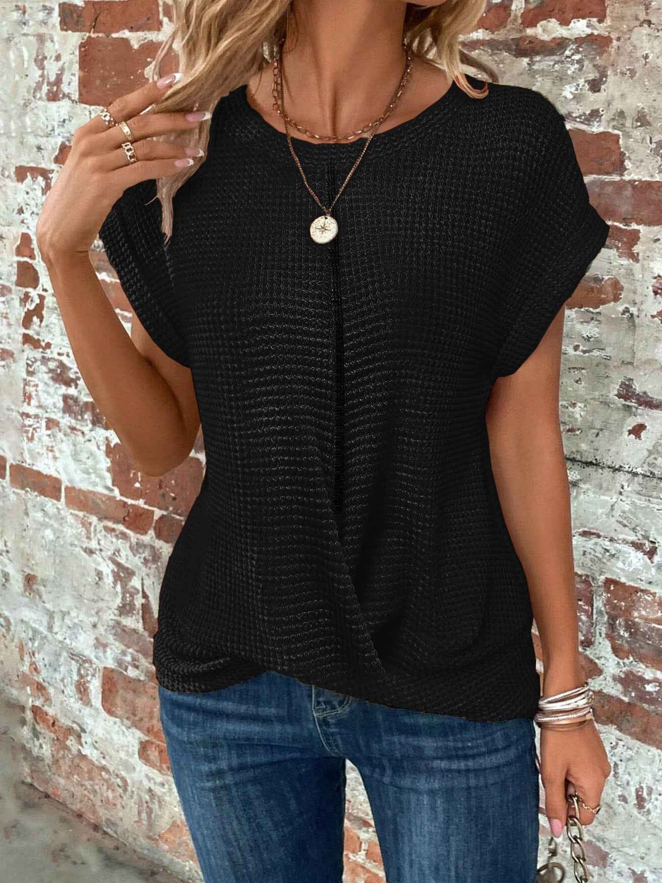 Batwing Sleeve Twist Hem Waffle Knit Tee