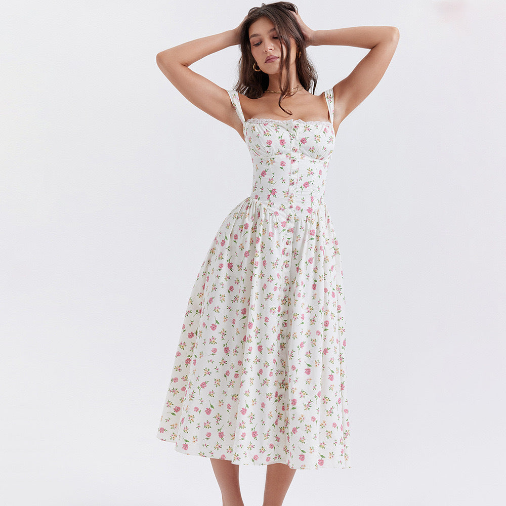 Floral Printed French Lace-Up Halter Dress - Sleeveless Spaghetti Strap Holiday Party Dress with Suspender Detail