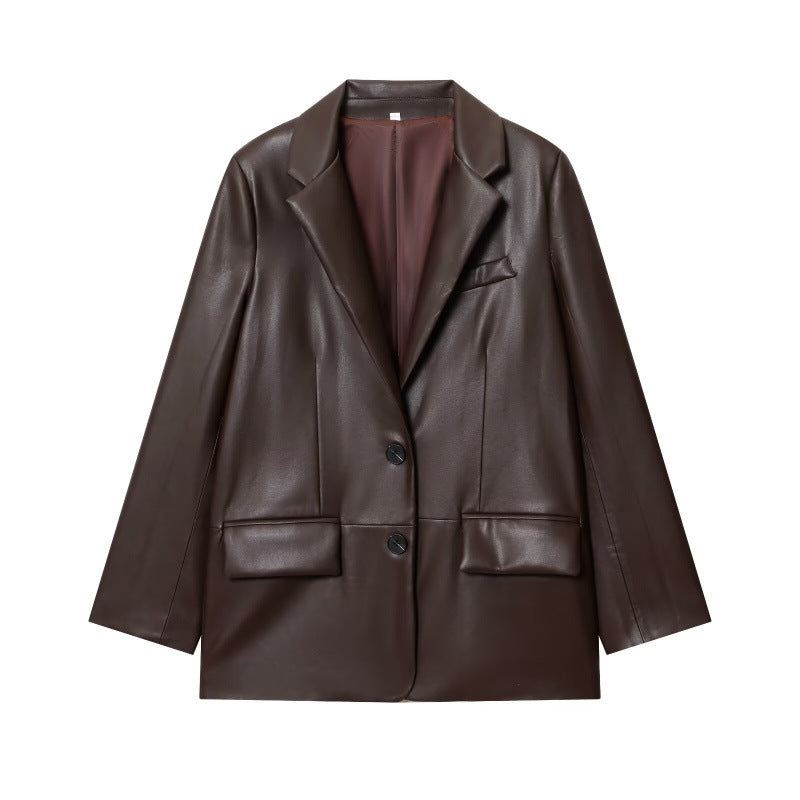 Women Lapel Leather Blazer