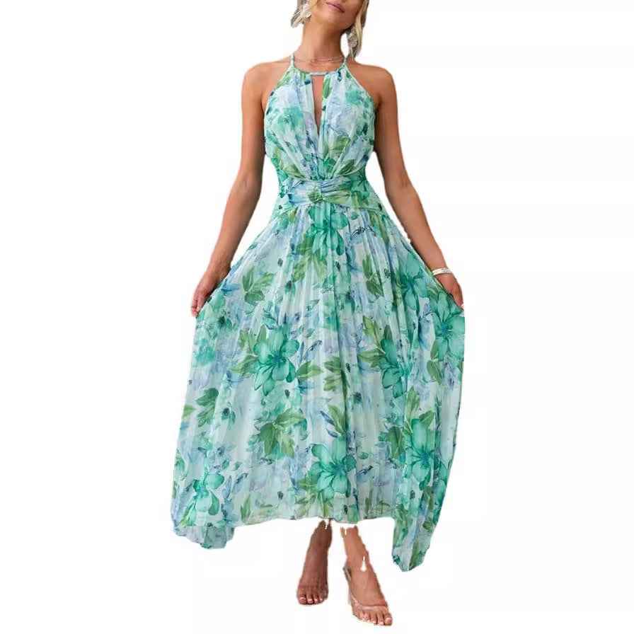 Neck Sleeveless V-Neck Printed Pendulum Dress Backless Maxi Dress Women Sexy