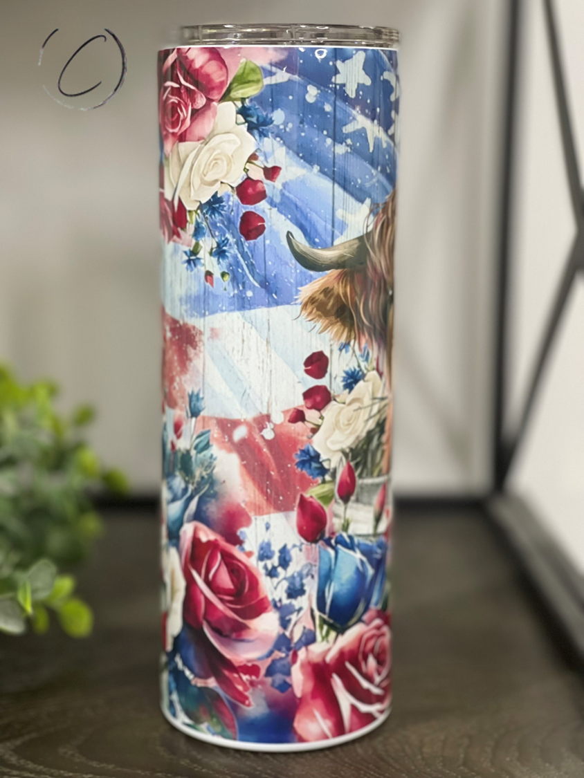 Patriotic Floral Highland Calf 20oz Skinny Tumbler