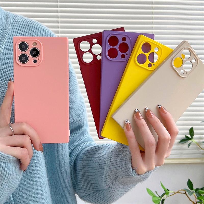 Fashion Candy Color Square Soft Silicone Phone Case For iPhone 13 11 12 Pro Max Bumper Shockproof Cover Square Silicone Camera Case Ultra Thin Lightweight Silky Soft Case Compatible with iPhone