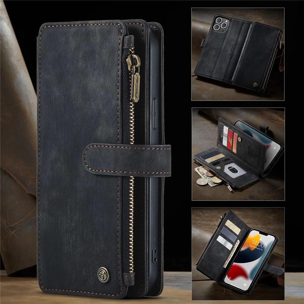 Vintage Card Holder Leather Wallet Case for iPhone 11 12 13 14 Pro Max Mini XR XS Max 8 7 6s Plus SE Storage Pocket Cover Flip Case PU Leather Protective Case With Magnetic Closure