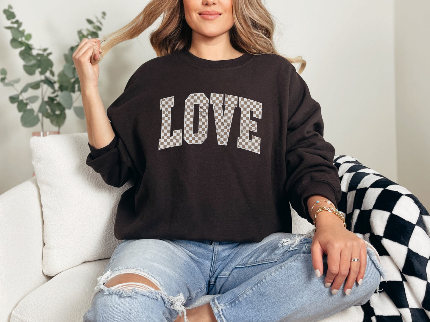 Tan Checkered Love Sweatshirt