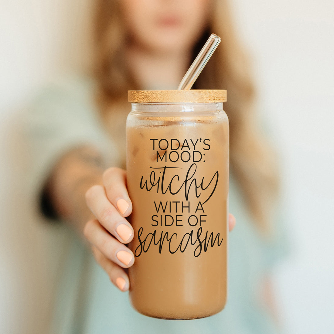 Eco-friendly Halloween drinkware set with glass straws
Sustainable witch themed coffee tumbler with bamboo top