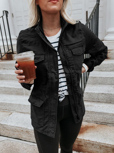 Retro Pocketed Long Sleeve Zip-Up Jacket Lightweight & Stylish Outerwear for Everyday Wear