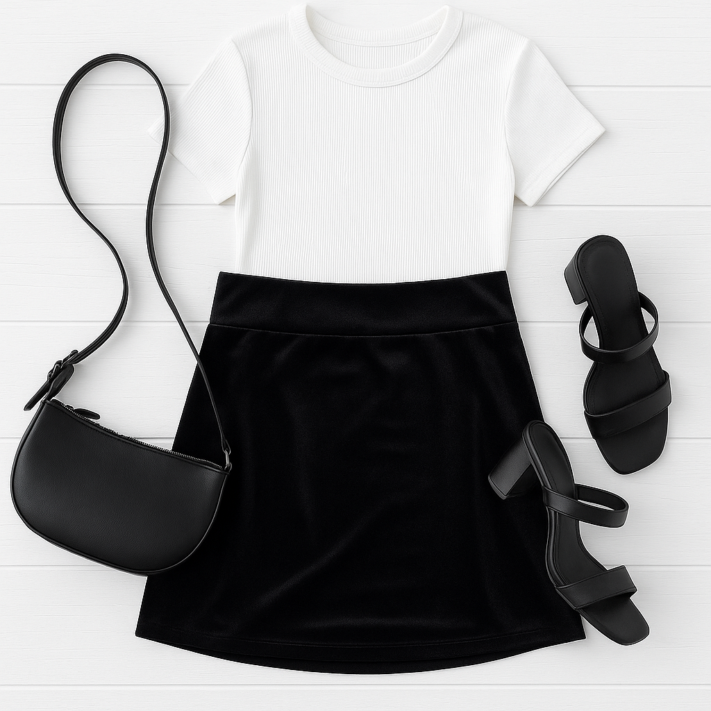 Women’s holiday velvet skirt with elastic waistband, velvet skirt styled for Christmas outfits.