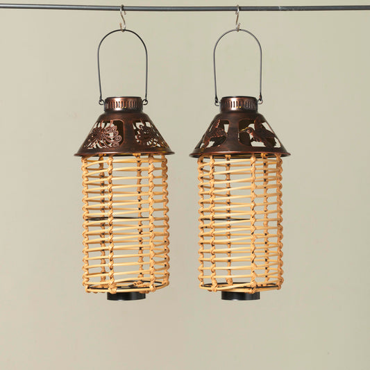 Solar-Powered Metal and Rattan Lantern -