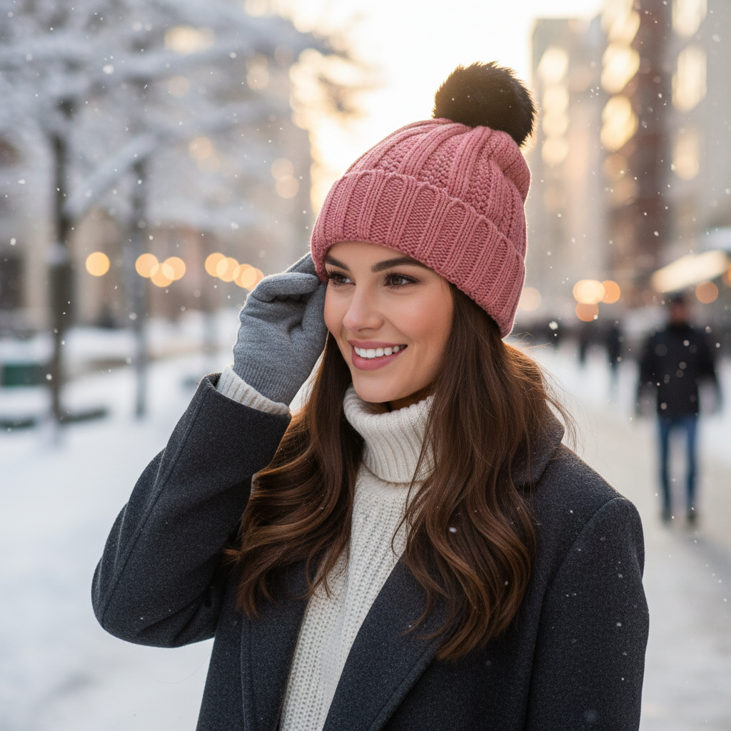Knit Hat With Three Interchangeable Poms - Rose Pink