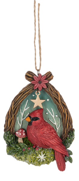 Woodland Cardinal in Twig Wreath Ornaments