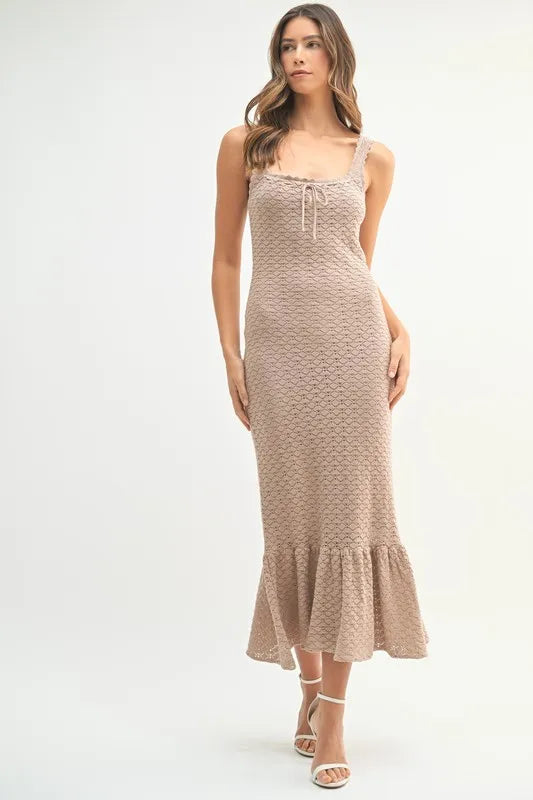 Ruffled Hem Sleeveless Crochet Knit Midi Dress For Women – Crochet Knit Dress, Ruffled Hem Dress, Sleeveless Midi Dress, Summer Dress, Elegant Knit Dress